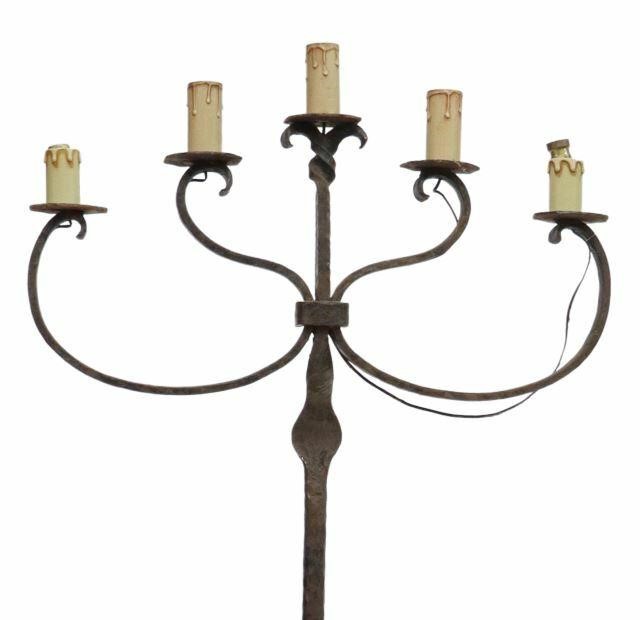 Appraisal: French wrought iron five-light floor lamp th c having twist-form