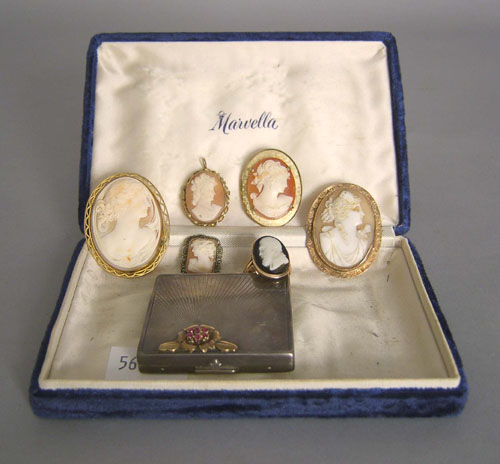 Appraisal: Six French cameos together with a silver compact