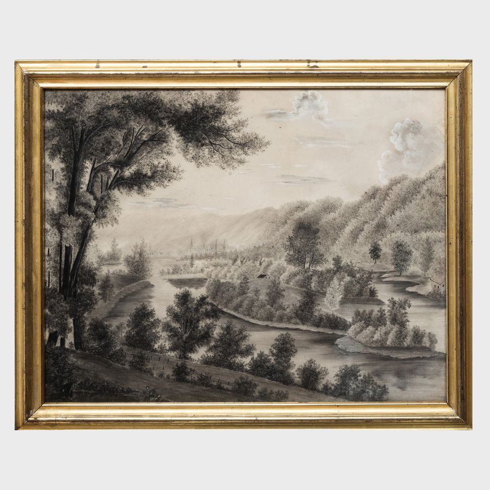 Appraisal: American School Riverscape Black and white chalk on paper unsigned