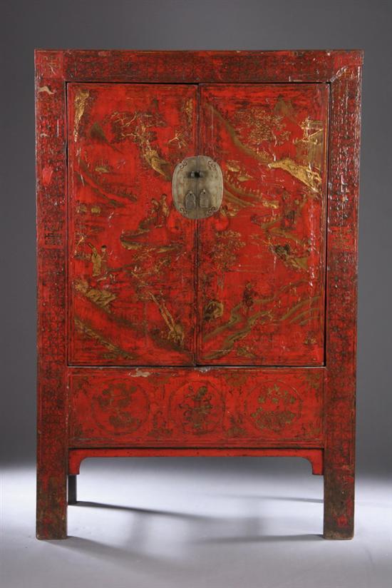 Appraisal: CHINESE RED LACQUERED ELMWOOD CABINET th century Shanxi province Rectangular