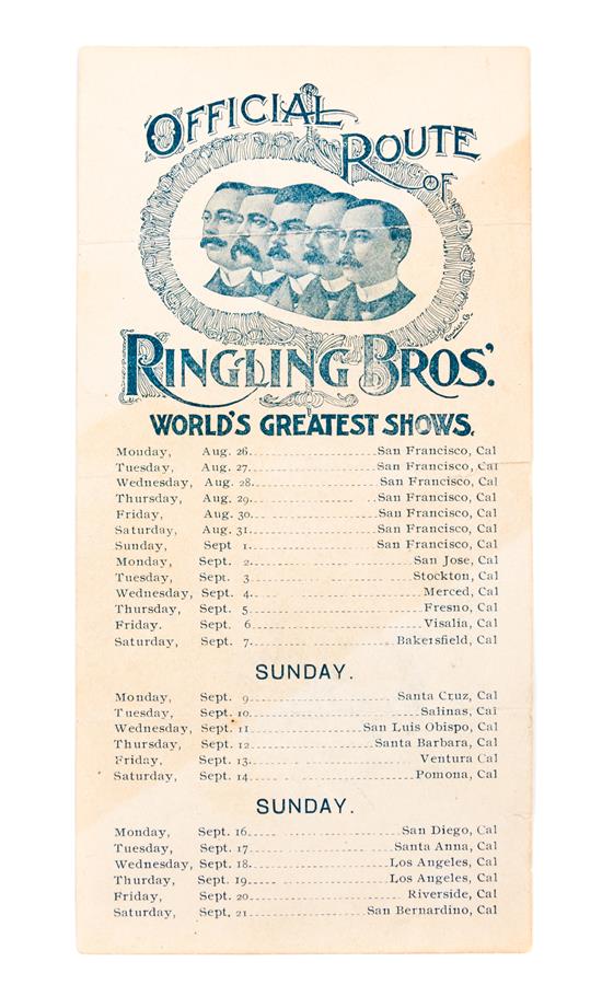 Appraisal: Sale Lot A CIRCUS RINGLING BROTHERS Route card x inches