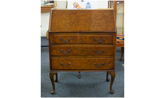 Appraisal: 's Walnut Veneered Bureau Fitted interior and brass handles inches