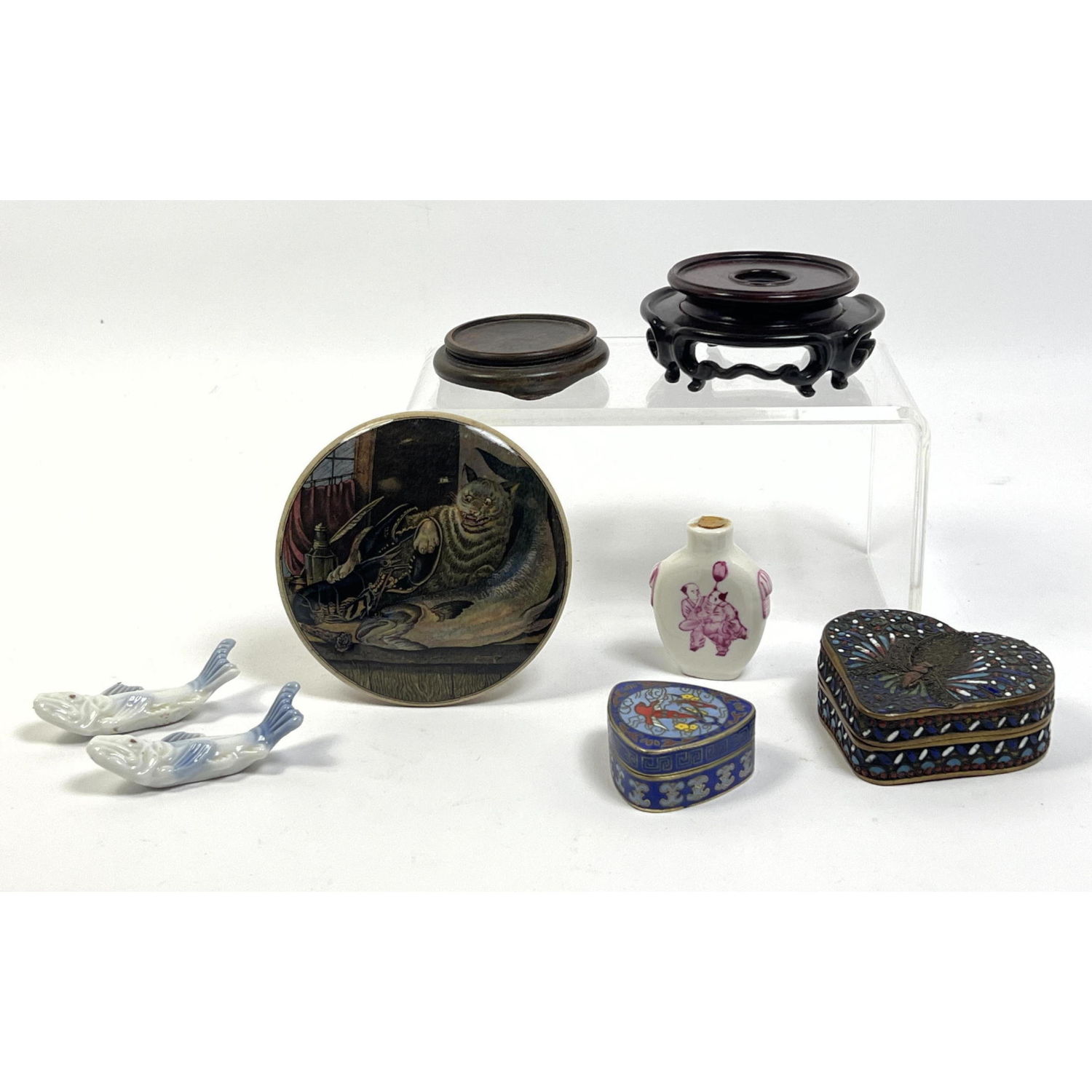 Appraisal: Collection of Asian Items Enamel Metal Boxes Pottery Lid with