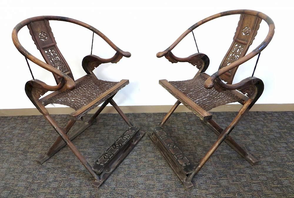 Appraisal: Pair Of Huanghuali Folding Chairs Pair Of Huanghuali Folding Chairs