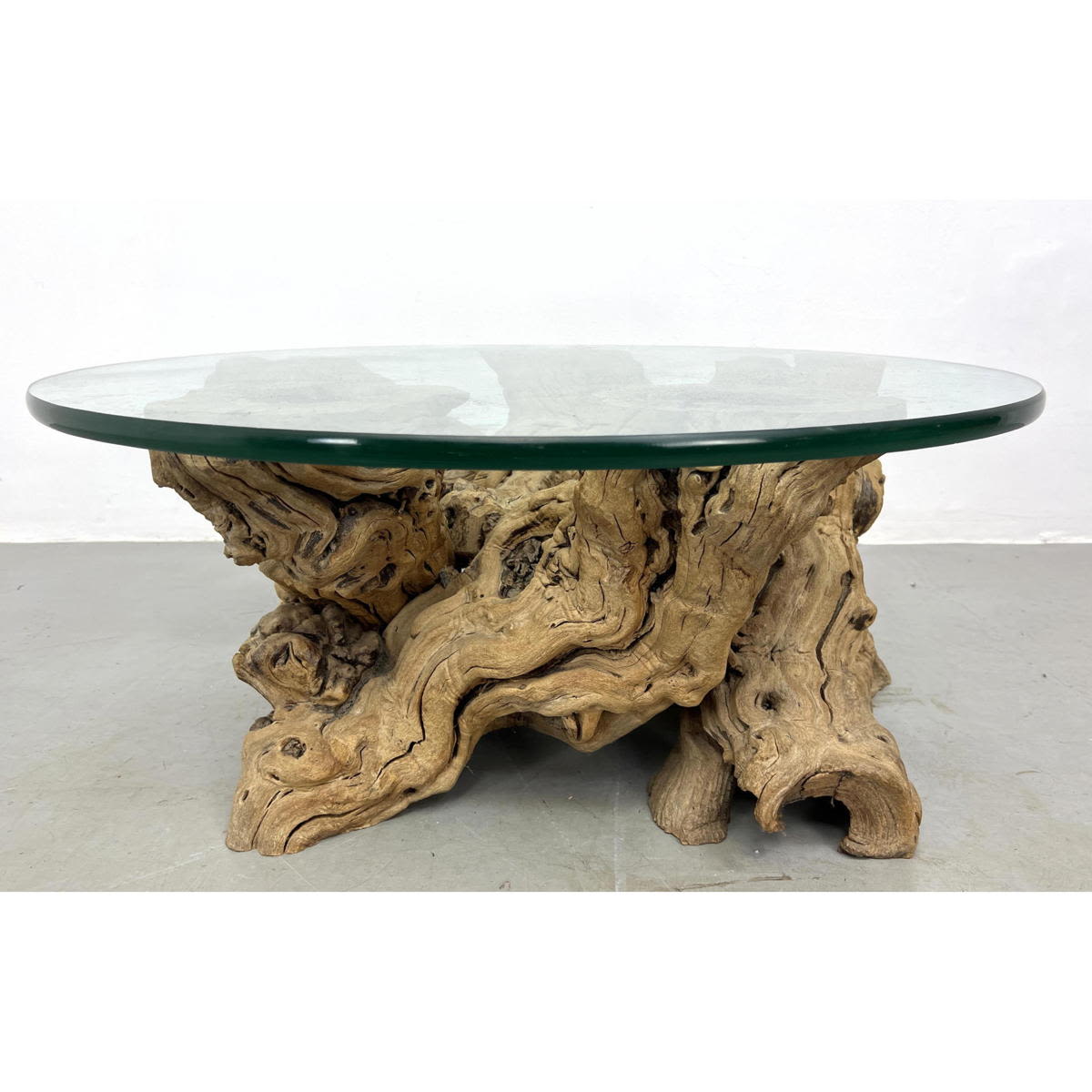 Appraisal: Natural Form Root Base Coffee Table Thick glass top Dimensions