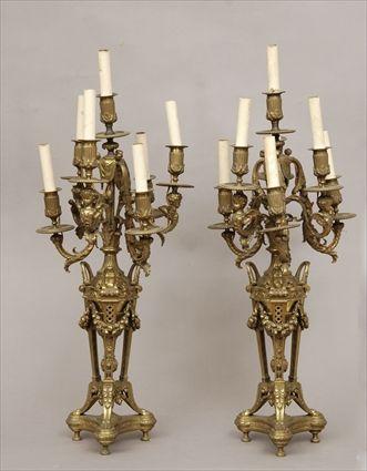 Appraisal: Pair of Louis XVI-Style Gilt-Metal Seven-Light Candelabra x in