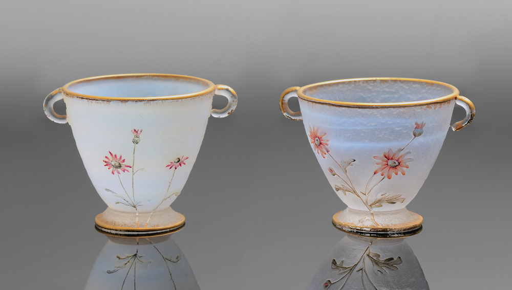 Appraisal: PAIR DIMINUTIVE DAUM NANCY CAMEO GLASS CUPS One carved with