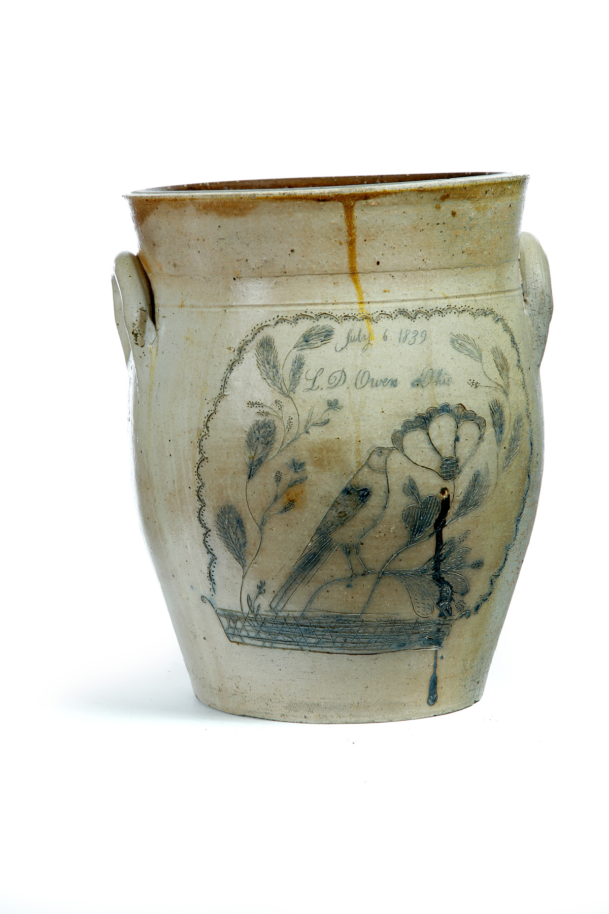 Appraisal: OHIO INCISED AND COBALT-DECORATED STONEWARE CROCK Dated July and incised