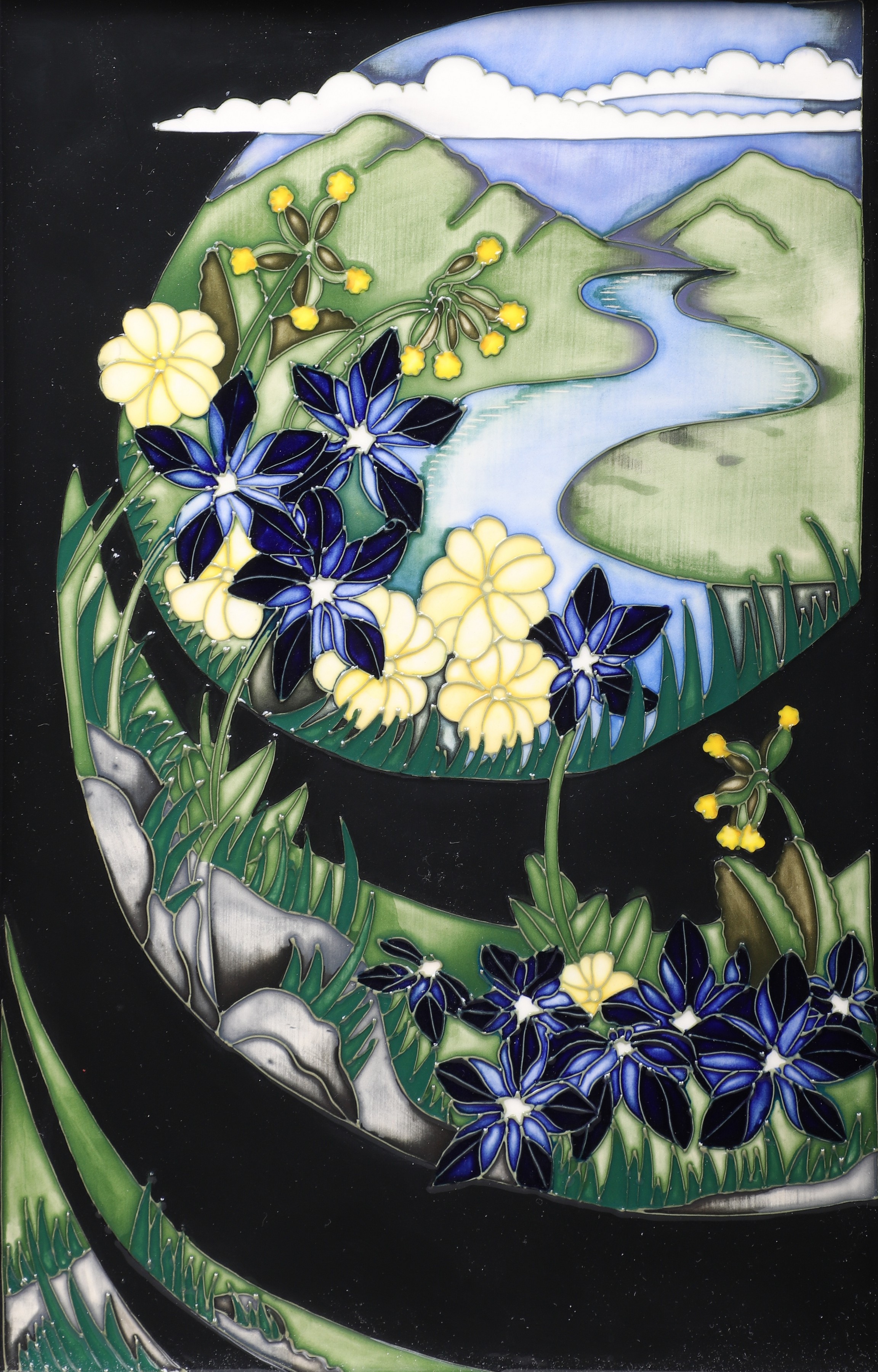 Appraisal: Moorcroft pottery plaque blue yellow flowers in landscape signed Vicky