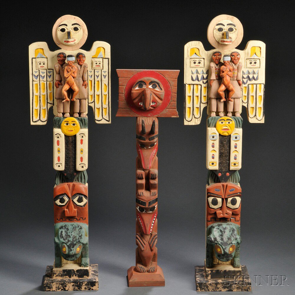 Appraisal: Three Polychrome Carved Wood Folk Art Totem Poles ht to