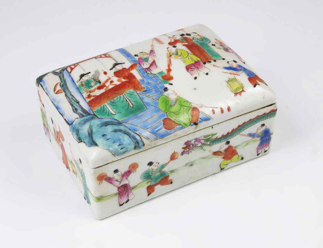 Appraisal: CHINESE CHIN POLYCHROME PORCELAIN BOX Covered box with scenes of