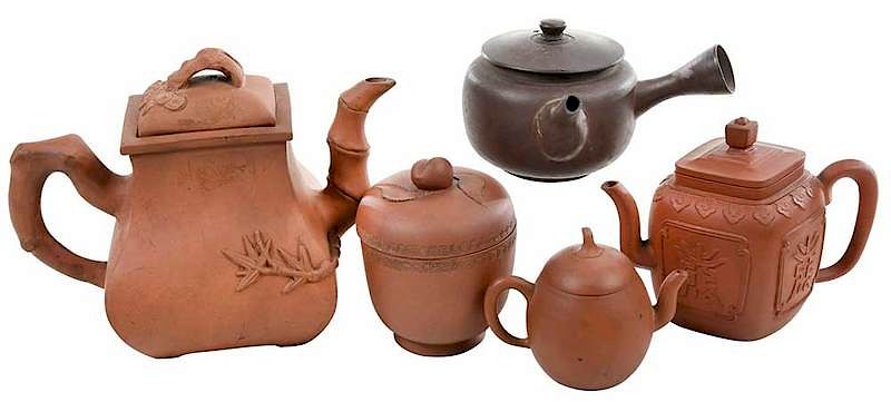 Appraisal: Three Yixing Teapots and Jar One Yokode Kyusu Asian one