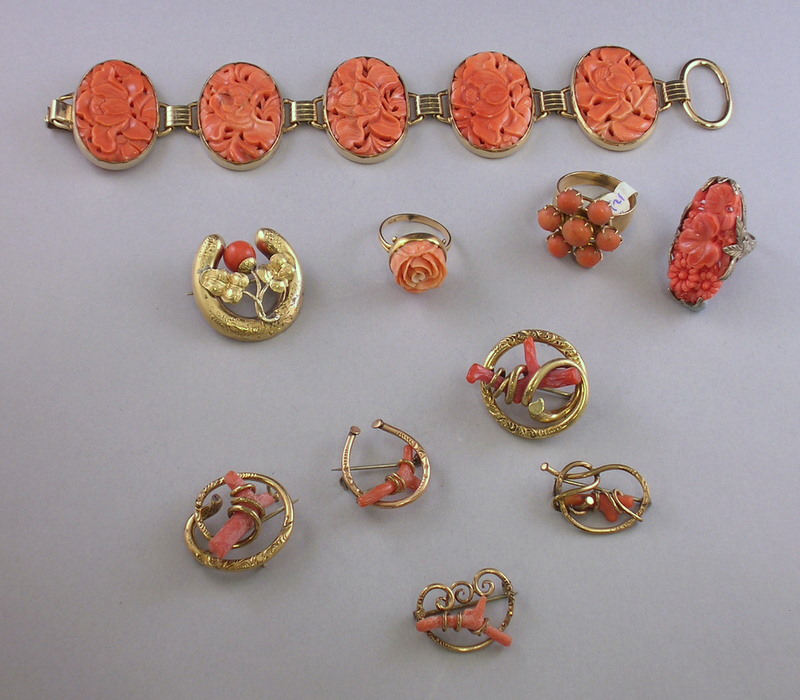 Appraisal: Group of Coral Jewelry including five low-karat gold and branch