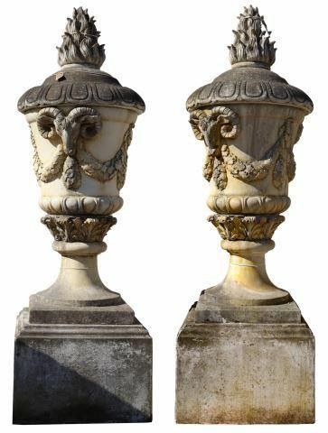 Appraisal: pair Monumental cast stone lidded garden urns th c vessel