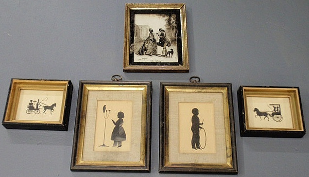 Appraisal: Group of four silhouettes and a reverse painting on glass