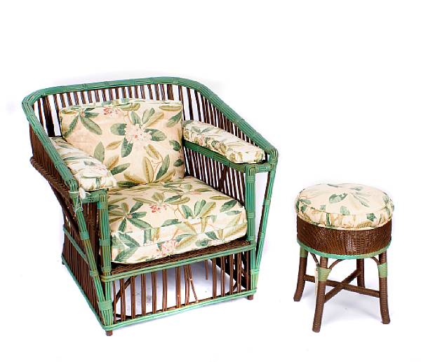 Appraisal: A suite of paint decorated rattan patio furniture comprising a