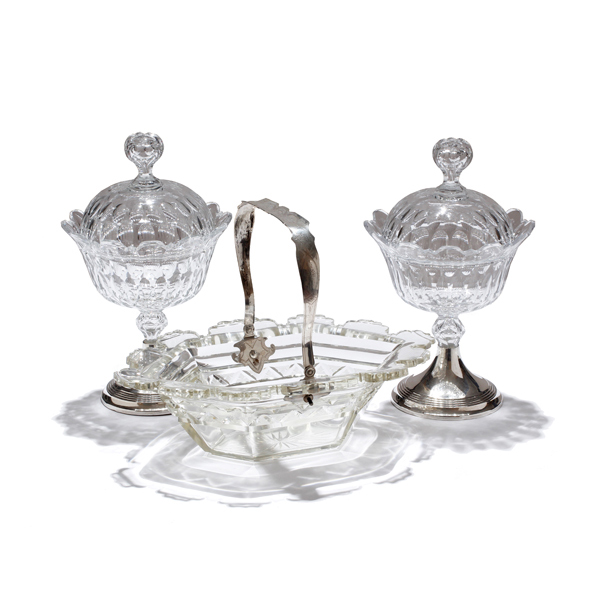 Appraisal: Cut glass bride's basket with silver handle and pair lidded