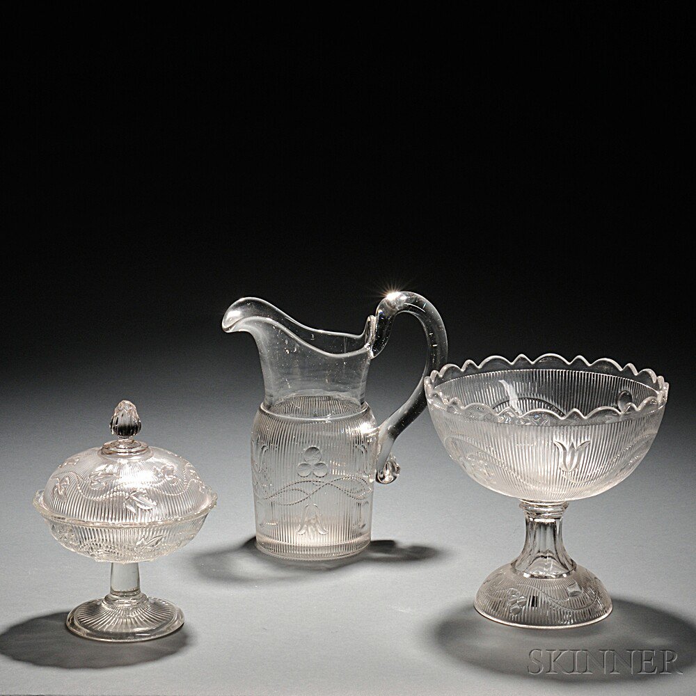 Appraisal: Three Pieces of Colorless Pressed Glass Tableware late th century