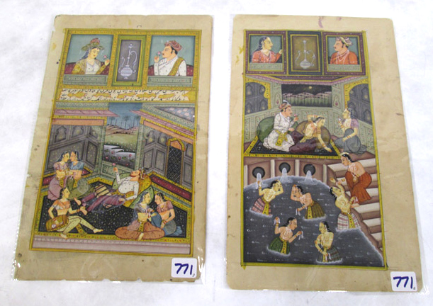 Appraisal: TWO PERSIAN MANUSCRIPT LEAVES depicting a palace courtyard and interior