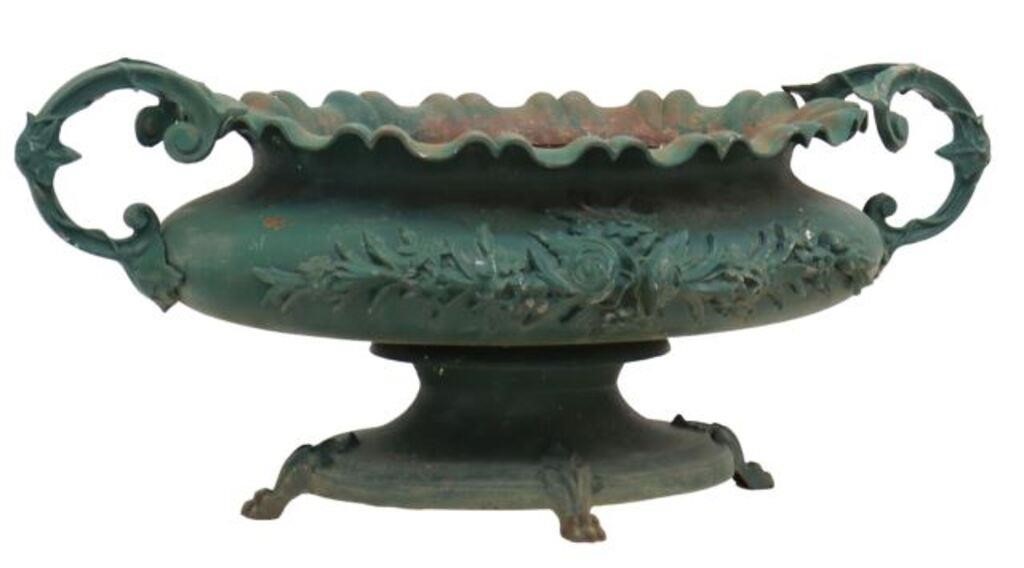 Appraisal: French green painted cast iron jardiniere planter having dual handles