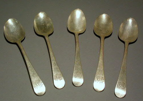 Appraisal: Five English silver tablespoons hallmarked l