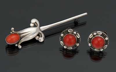 Appraisal: A Georg Jensen Sterling Silver and Coral Earrings and Brooch