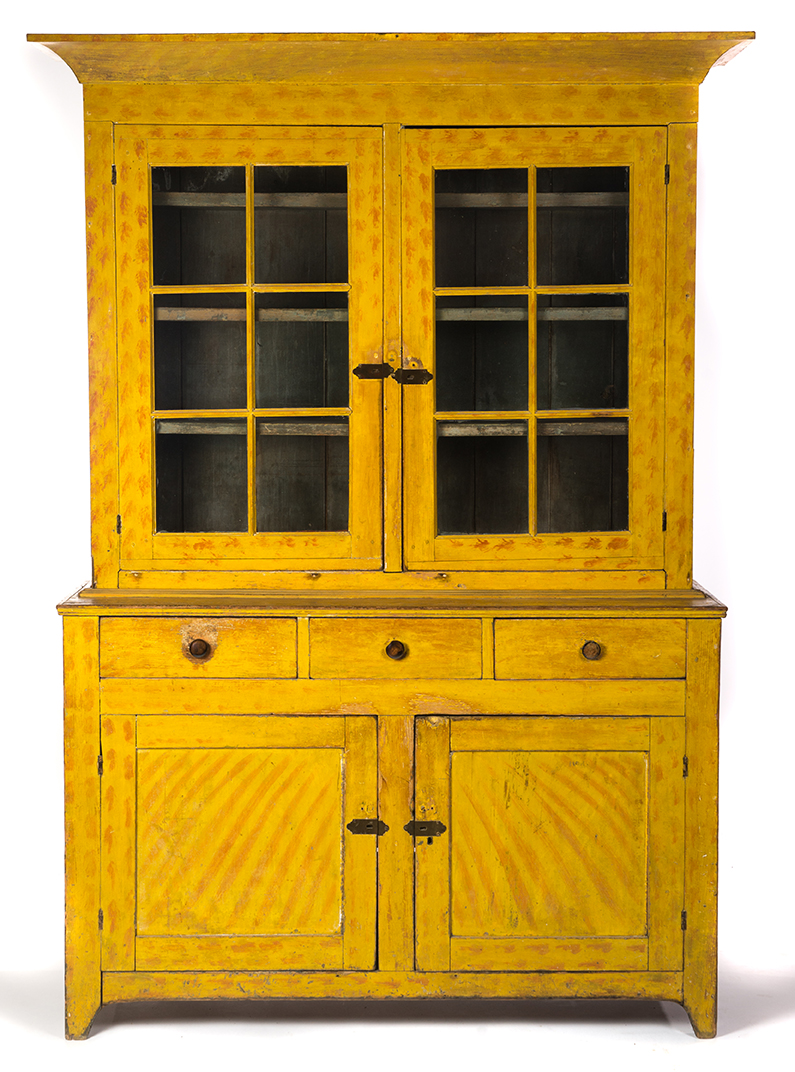 Appraisal: AMERICAN DECORATED DUTCH CUPBOARD Nineteenth century pine Two-piece cupboard with