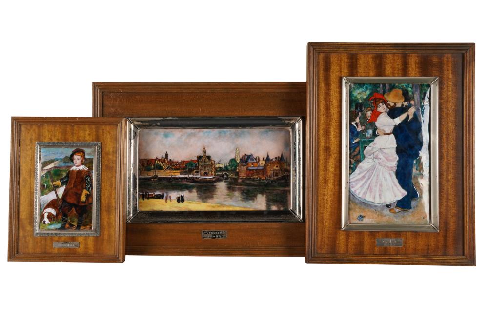 Appraisal: THREE ENAMELED PLAQUESeach in a silver and wood frame comprising