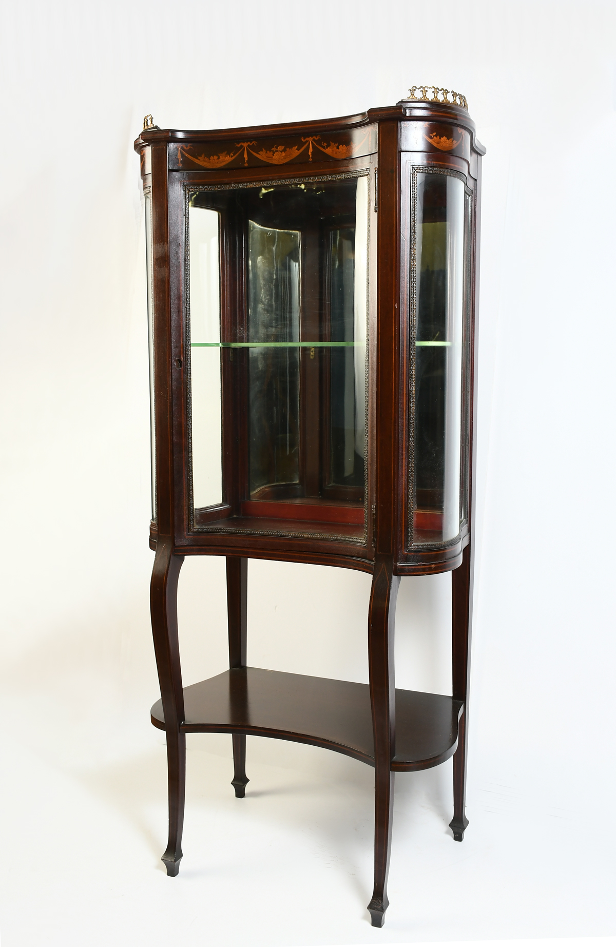 Appraisal: GEORGE C FLINT MARQUETRY INLAID DISPLAY CABINET Gallery top surmounting