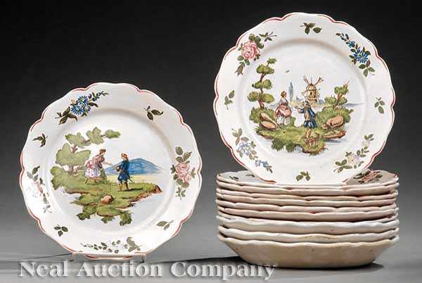 Appraisal: A Set of Nine Veuve Perrin Polychrome-Decorated Fa ence Plates