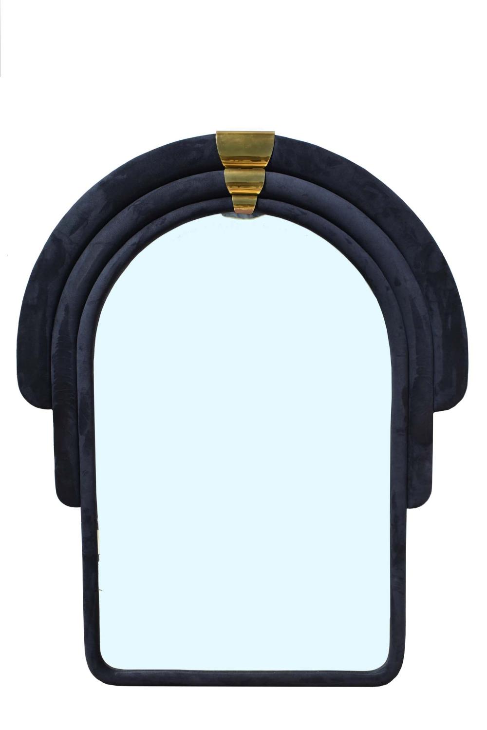 Appraisal: CONTEMPORARY BRASS MOUNTED FAUX SUEDE MIRRORThe arched plate within a