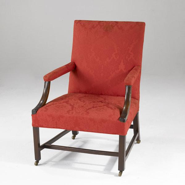 Appraisal: ENGLISH CHIPPENDALE ARMCHAIR Mahogany upholstered in crimson-red damask ca -