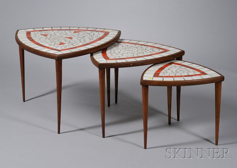 Appraisal: Set of Three Nesting Tile-top Walnut Tables triangular-shaped top with