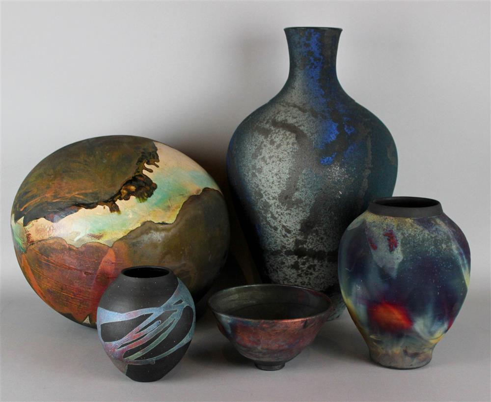 Appraisal: RAKU POTTERY GLOBE AND FOUR OTHER PIECES OF POTTERY INCLUDING