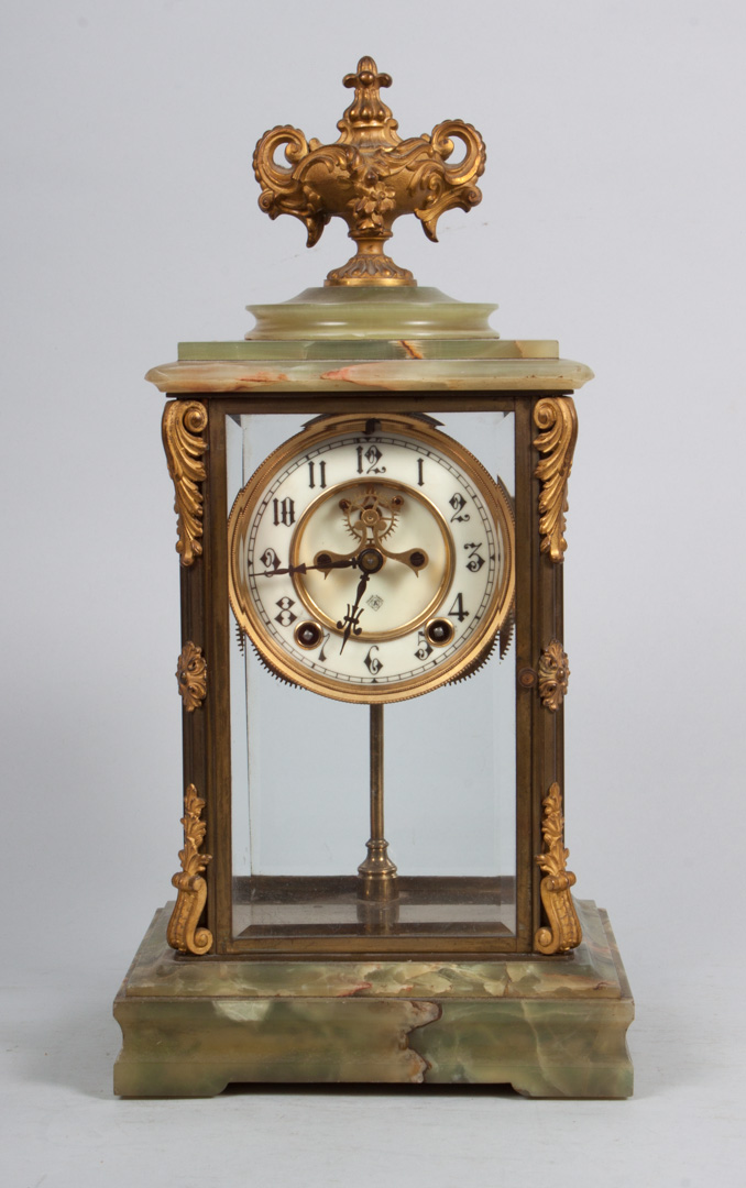 Appraisal: Ansonia onyx and gilt-metal manel clock late th century with