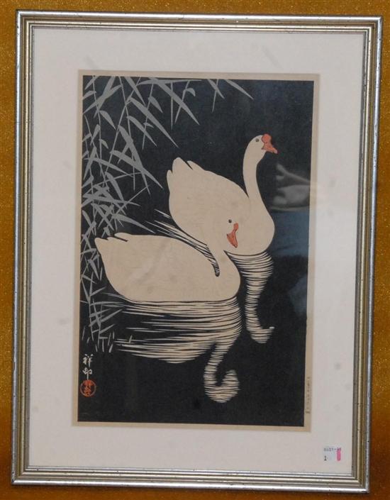 Appraisal: CONTEMPORARY JAPANESE SCHOOL Color woodblock print with gauffrage Two Swans