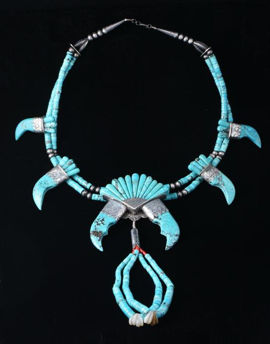 Appraisal: ZUNI STERLING SILVER TURQUOISE NECKLACE Elaborate Native American necklace with