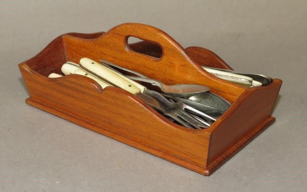 Appraisal: SIGNED MINIATURE WALNUT UTENSIL TRAY AND UTENSILSca dated signed Irvin