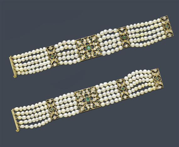 Appraisal: A PAIR OF INDIAN NATURAL PEARL DIAMOND AND EMERALD BRACELETS