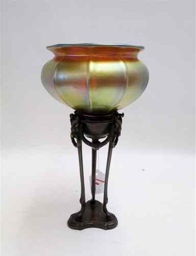 Appraisal: ART GLASS BRONZED METAL OIL LAMP iridescent gold art glass