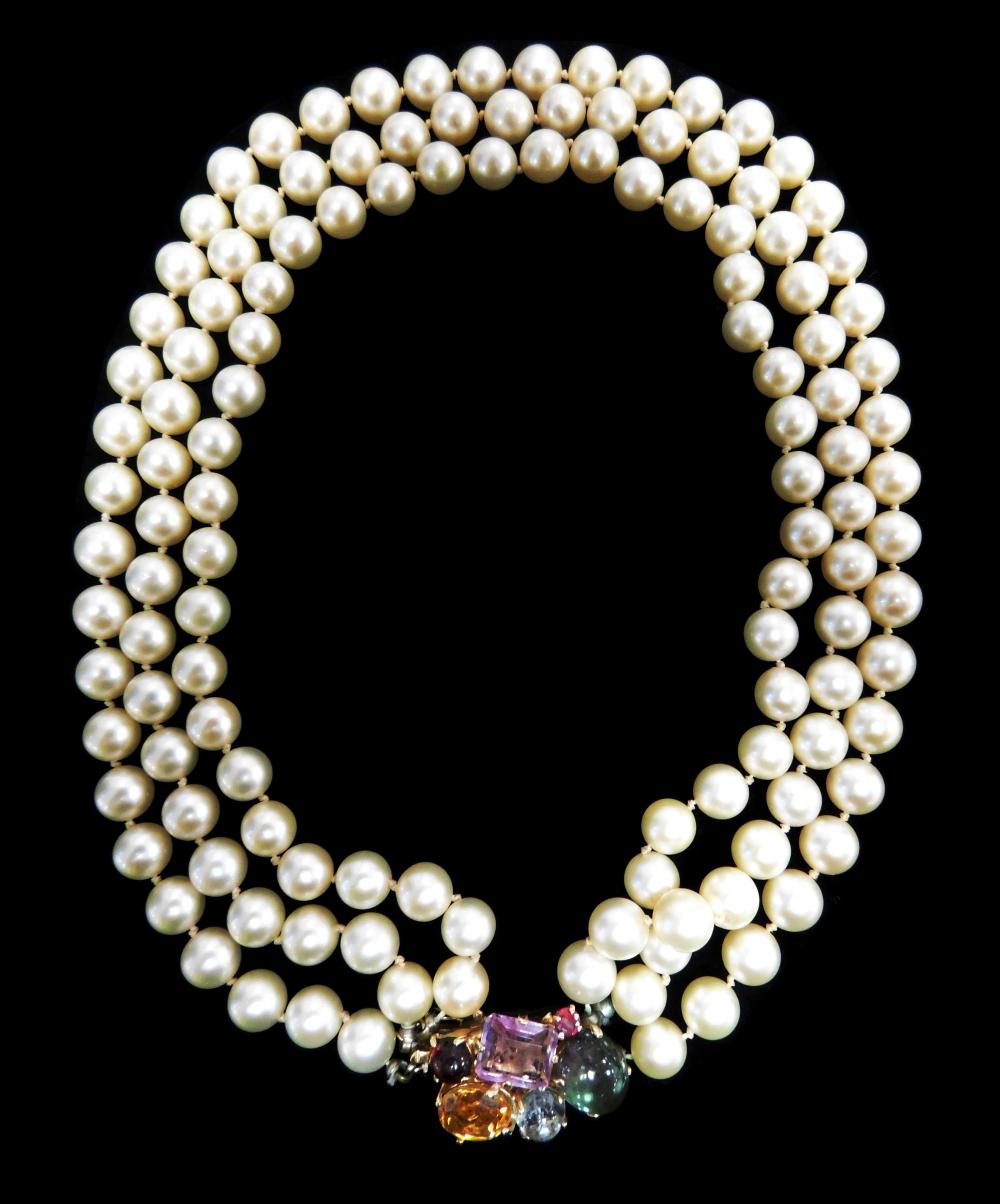 Appraisal: JEWELRY Three Strand Cultured Pearl Necklace with K Gemstone Clasp