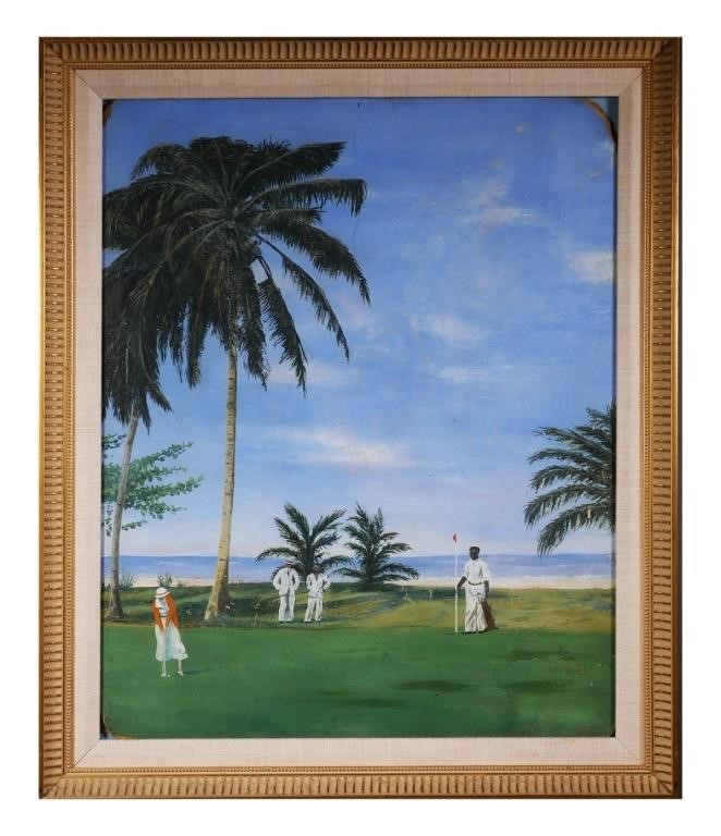 Appraisal: Early Miami painting on board of a woman playing golf