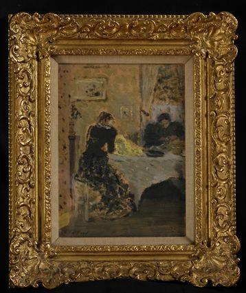 Appraisal: FRENCH SCHOOL TWO SEAMSTRESSES Oil on artistboard x in bearing