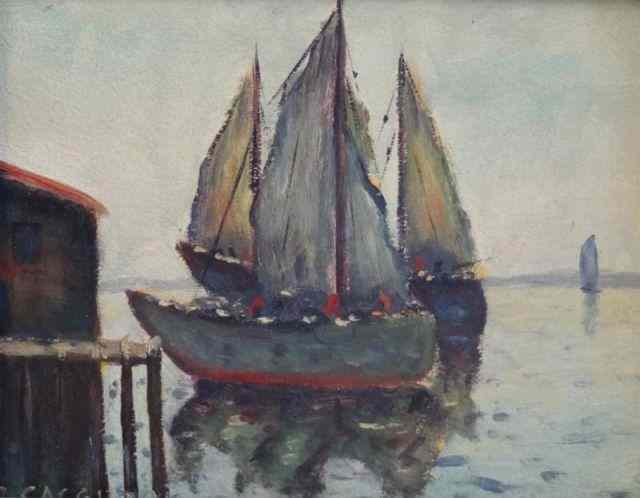 Appraisal: CAGGIANO Oil on Artist's Board of Boats Signed lower left