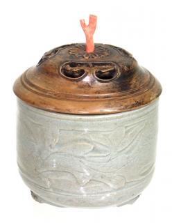 Appraisal: Chinese Coral Glazed Celadon Censer Chinese Coral Glazed Celadon Censer