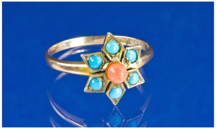 Appraisal: ct Gold Coral And Turquoise Dress Ring Central Coral Surrounded