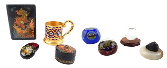 Appraisal: th C paperweights and Russian lacquered boxes eight pieces total