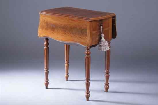 Appraisal: REGENCY MAHOGANY DROP-LEAF SEWING TABLE th century Shaped top having