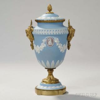 Appraisal: Wedgwood Gilt-bronze-mounted Tricolor Jasper Dip Vase and Cover England th