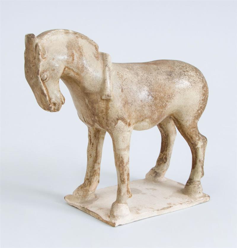 Appraisal: TANG PARTIAL STRAW-GLAZED POTTERY DIMINUTIVE FIGURE OF A HORSE Standing